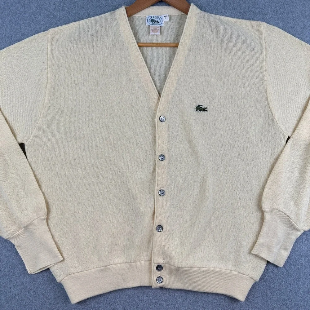 Izod Lacoste Cardigan Mens L Cream Vintage Acrylic V-Neck Sweater Logo USA Made